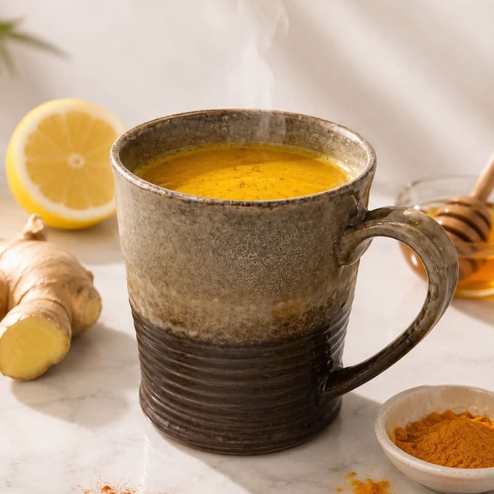 Steaming golden turmeric tea in a rustic mug, surrounded by lemon, ginger, honey, turmeric powder, and sliced turmeric root.