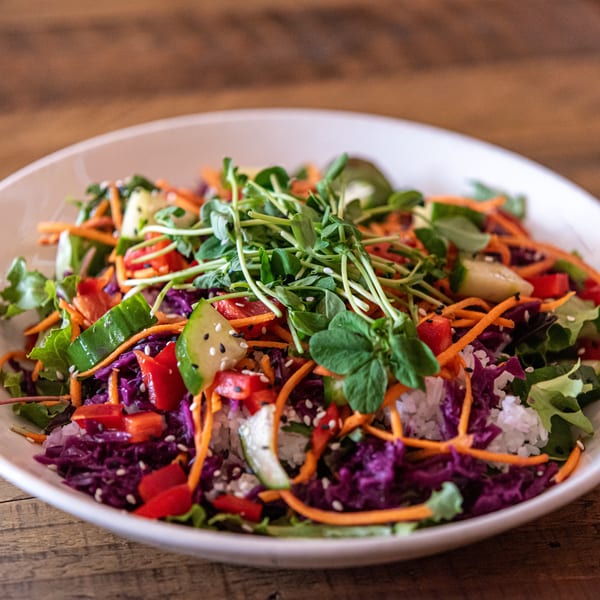 Colorful salad with red cabbage, carrots, cucumbers, bell peppers, and microgreens in a white bowl.