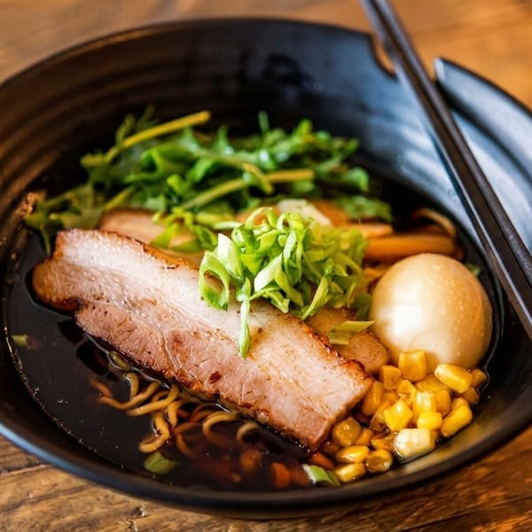 Close-up of a ramen bowl with pork belly, corn, egg, green onions, and chopsticks.