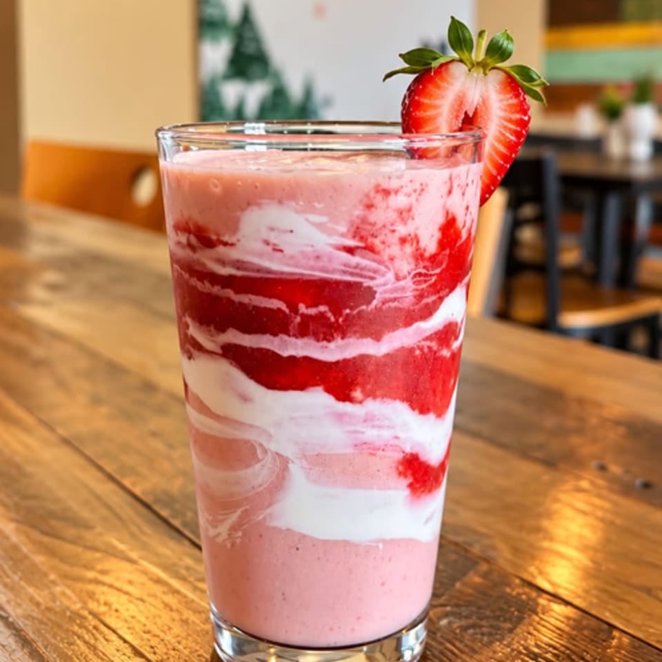 Layered pink and red strawberry smoothie topped with a fresh halved strawberry, displayed on a wooden restaurant table.